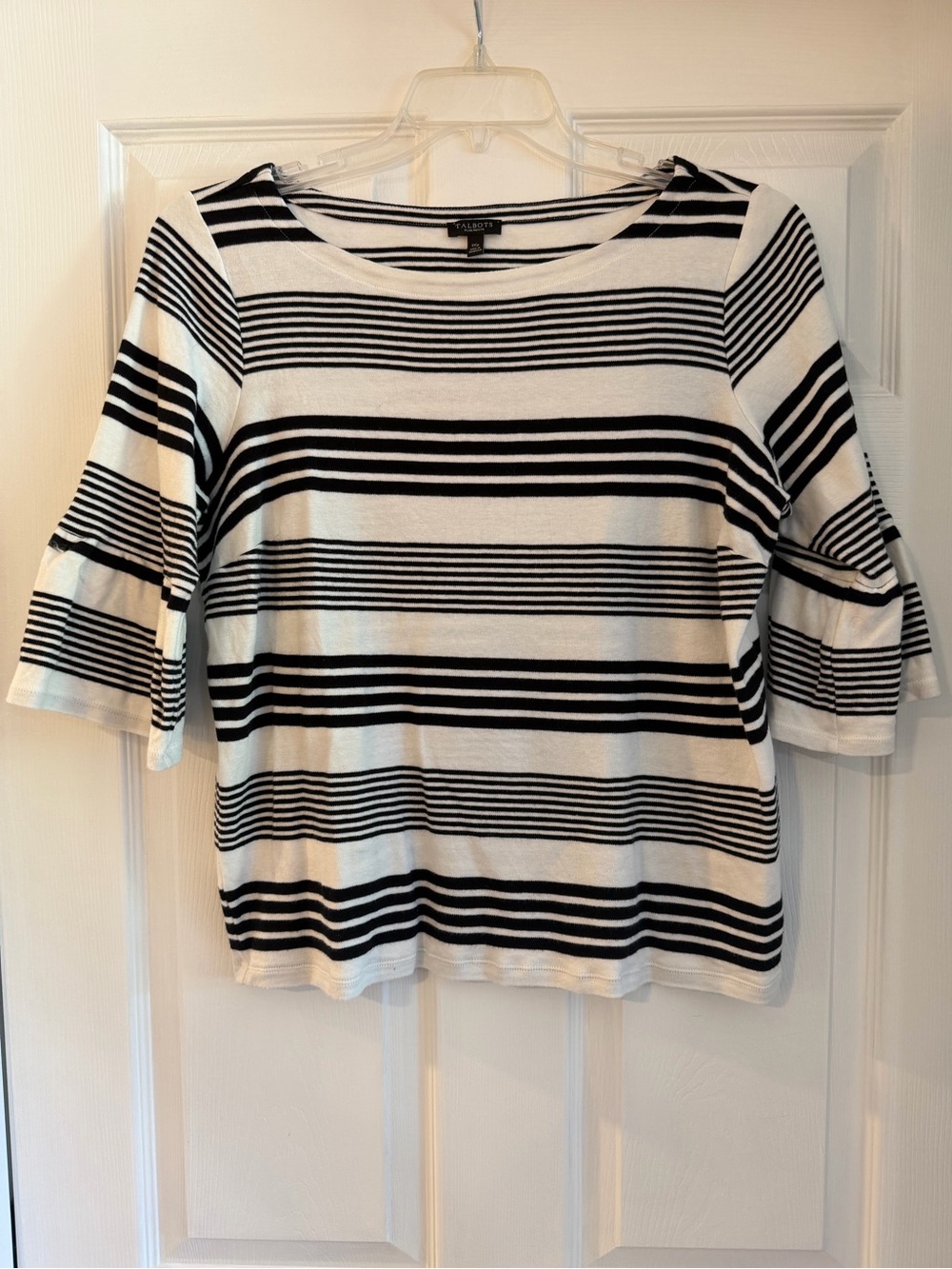Talbots Black & White Striped Boatneck Bell-Sleeve Top